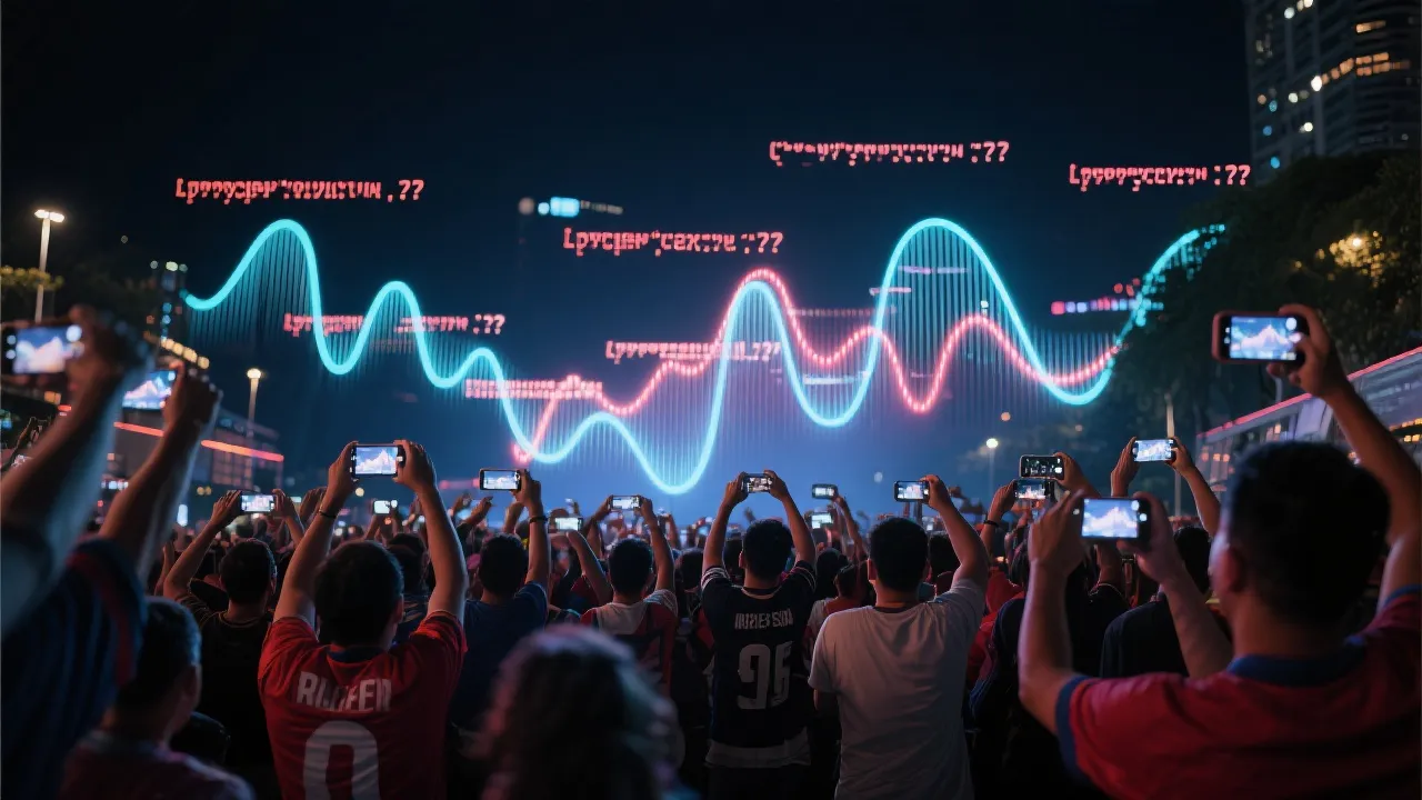 手机屏幕上弹幕与热搜飙升的可视化，夜晚观赛人群手持手机记录