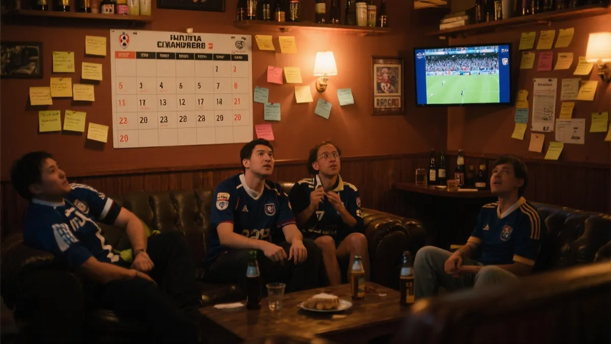 球迷在客厅或酒吧前看球，墙上挂着日历与赛程便签